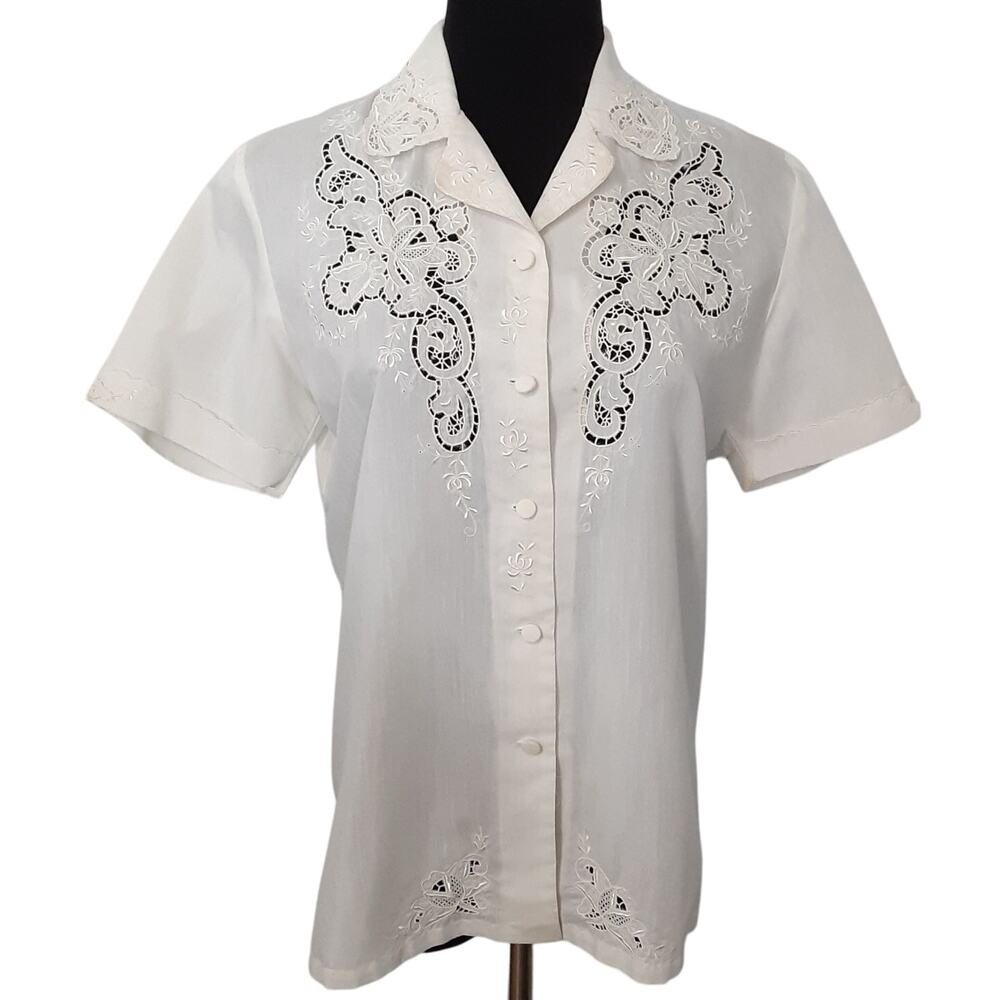 Vintage 60s Daffodil Volup Blouse Hand Embroidered Lace Collar Womens 38 Scallop